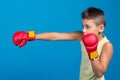 Boy in red karate gloves performs a punch, concept