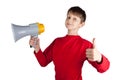 Boy in red pullover holding megaphone