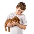 Boy with red puppy isolated on white background. Kid Pet Friendship Royalty Free Stock Photo