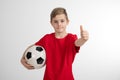 Boy in red shirt with soccer ball and thumb up Royalty Free Stock Photo