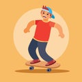 Boy in a red T-shirt and blue cap rides a skateboard on a yellow background, vector illustration, eps Royalty Free Stock Photo