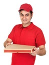 Boy with red uniform delivering a pizza box Royalty Free Stock Photo