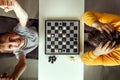 The boy rejoices in chess victory over his father. They play chess, family relationships, family. flat lay Royalty Free Stock Photo