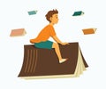 Boy Ride a Book and Enjoy Fly to Learning Journey. Royalty Free Stock Photo