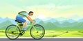 The boy rides a bicycle. Cycling. Fitness and healthy lifestyle. Flat cartoon style. Against the backdrop of the