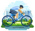 The boy ridesin a helmet a bicycle. Cycling. Fitness and healthy lifestyle. Flat cartoon style. Against the backdrop of