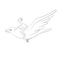 Boy riding on flying bird. Vector sketch. Royalty Free Stock Photo