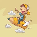 Boy riding a flying pencil Royalty Free Stock Photo