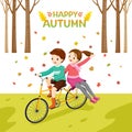 Boy Riding And Girl Pillion Bicycle In Autumn Season
