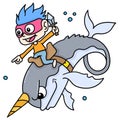 A boy is riding a horned whale swimming in the underwater world, doodle icon image kawaii