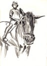 Boy riding a horse.. Stylized close-up portrait. Artistic hand drawn graphit pencil sketch Royalty Free Stock Photo