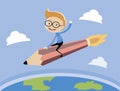 The boy riding the pencil rocket Royalty Free Stock Photo