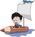 Boy Riding Pencil Ship Cartoon Color Illustration