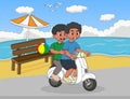 The boy riding a scooter at the beach street cartoon