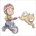 Boy riding a tricycle bike and followed by shiba dog - white background