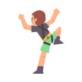 Boy Rock Climber Character, Back View of Cute Kid in Shorts and T-shirt Climbing Wall on Ropes Cartoon Style Vector