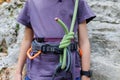 boy rock climber stands against the backdrop of a rock. children's sports in nature Royalty Free Stock Photo