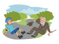Boy on roller skates collides with elderly man Royalty Free Stock Photo