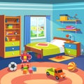 Boy room with bed, cupboard and toys on the floor