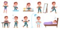 Boy daily routine activities, little guy sleep and wake schedule. Little boy eating, sleeping and reading scenes vector