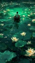 The boy is rowing in the middle of a lake surrounded by lotus flowers