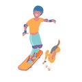 The boy run skateboarding with his puppy beagle dog, wearing protective gear prevent accident, sports activity ourdoor style, flat