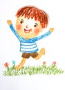 Boy runing in flowers field , oil pastel drawing illustration