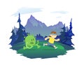 A boy runner running away from a coronavirus. Forest and mountain landscape in the background. Healthy lifestyle and