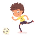 Boy running with ball at football practice. Happy little kid playing sport in uniform vector illustration. Smiling child