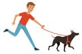 Boy running with dobermann. Cartoon kid with dog walking Royalty Free Stock Photo