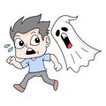 Boy running scared being chased by a flying ghost, doodle icon image kawaii