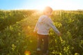 A boy runs across the field on a hot summer day against the sunset Royalty Free Stock Photo