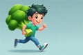 A boy runs along with broccoli. Space for text. Royalty Free Stock Photo