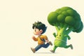 A boy runs away from broccoli. Space for text. Royalty Free Stock Photo