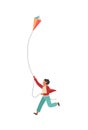 Boy runs with a kite. Happy little child playing outdoors, vector colorful flat walking concept