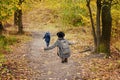 Boy runs to meet her mother. Autumn park. Back view