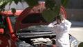 Boy`s car broke down, worried boy excited Royalty Free Stock Photo