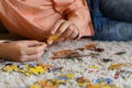 A boy`s hands are assembling puzzles on the carpet Royalty Free Stock Photo