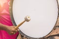 The boy`s hands were beating drums in the marching band works Royalty Free Stock Photo