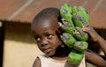 The boy's portrait with a linking of bananas who goes to the market them to sell.