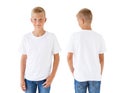 Boy`s white t-shirt mockup template, front and back