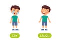 Boy sad and boy happy illustration with typography. Cry and laugh antonyms flashcard vector template.