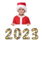 Santa Claus holds christmas poster and 2023 number