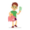 Boy saves money with piggy bank vector illustration