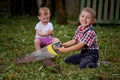 Boy sawing fallen tree in garden Royalty Free Stock Photo