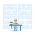 Boy in school library flat illustration