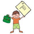 Boy and school supplies, satchel and sheet of paper