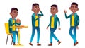 Boy Schoolboy Kid Poses Set Vector. Black. Afro American. High School Child. Child Pupil. Subject, Clever, Studying. For Royalty Free Stock Photo