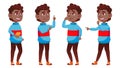 Boy Schoolboy Kid Poses Set Vector. Black. Afro American. High School Child. School Student. Cheer, Pretty, Youth. For