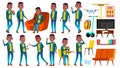 Boy Schoolboy Kid Poses Set Vector. Black. Afro American. High School Child. School Student. Graduation, Homework